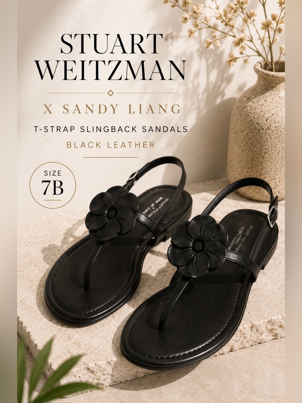 Stuart Weitzman x Sandy Liang T-Strap Slingback Sandals Black Leather Size 7B